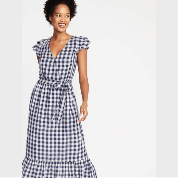 Old Navy Ruffle-Sleeve Gingham Waist-defined Tie Waist Midi Dress Size L - Picture 2 of 11